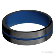 7 mm wide/Flat/Zirconium band with one 1 mm Centered inlay of Royal Blue also featuring a Royal Blue sleeve.