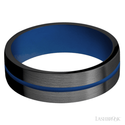 7 mm wide/Flat/Zirconium band with one 1 mm Centered inlay of Royal Blue also featuring a Royal Blue sleeve.
