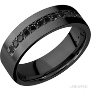 7 mm wide/Flat/Zirconium band with a Half Eternity arrangement of .03 carat Round Black Diamond stones in a Bead setting.