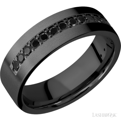 7 mm wide/Flat/Zirconium band with a Half Eternity arrangement of .03 carat Round Black Diamond stones in a Bead setting.