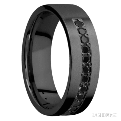 7 mm wide/Flat/Zirconium band with a Half Eternity arrangement of .03 carat Round Black Diamond stones in a Bead setting.
