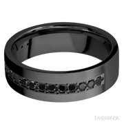 7 mm wide/Flat/Zirconium band with a Half Eternity arrangement of .03 carat Round Black Diamond stones in a Bead setting.