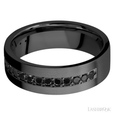 7 mm wide/Flat/Zirconium band with a Half Eternity arrangement of .03 carat Round Black Diamond stones in a Bead setting.
