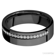 7 mm wide/Flat/Zirconium band with a Off Center Half Eternity arrangement of .015 carat Round Diamond stones in a Bead setting.