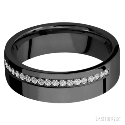 7 mm wide/Flat/Zirconium band with a Off Center Half Eternity arrangement of .015 carat Round Diamond stones in a Bead setting.
