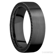 7 mm wide/Flat/Zirconium band with a Side Eternity arrangement of .01 carat Round Black Diamond stones in a Bead setting.