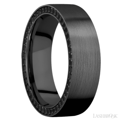 7 mm wide/Flat/Zirconium band with a Side Eternity arrangement of .01 carat Round Black Diamond stones in a Bead setting.