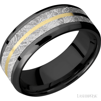 8 mm wide/Beveled/Zirconium band featuring inlays of Meteorite and 14K Yellow Gold.