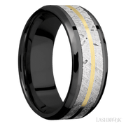 8 mm wide/Beveled/Zirconium band featuring inlays of Meteorite and 14K Yellow Gold.