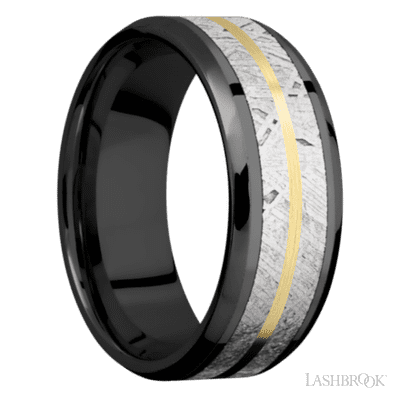 8 mm wide/Beveled/Zirconium band featuring inlays of Meteorite and 14K Yellow Gold.