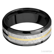 8 mm wide/Beveled/Zirconium band featuring inlays of Meteorite and 14K Yellow Gold.