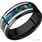 8 mm wide/Beveled/Zirconium band featuring inlays of Palladium Silver and Abalone.