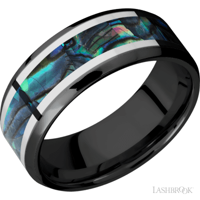 8 mm wide/Beveled/Zirconium band featuring inlays of Palladium Silver and Abalone.