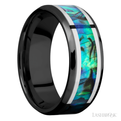 8 mm wide/Beveled/Zirconium band featuring inlays of Palladium Silver and Abalone.