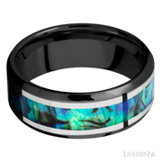 8 mm wide/Beveled/Zirconium band featuring inlays of Palladium Silver and Abalone.