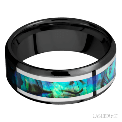 8 mm wide/Beveled/Zirconium band featuring inlays of Palladium Silver and Abalone.
