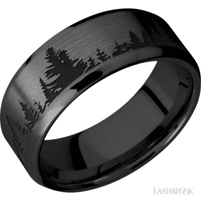 8 mm wide/Beveled/Zirconium band with a laser carved Trees pattern.