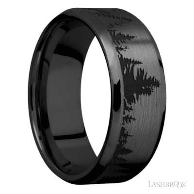 8 mm wide/Beveled/Zirconium band with a laser carved Trees pattern.