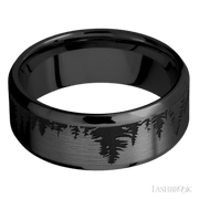 8 mm wide/Beveled/Zirconium band with a laser carved Trees pattern.