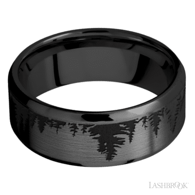 8 mm wide/Beveled/Zirconium band with a laser carved Trees pattern.