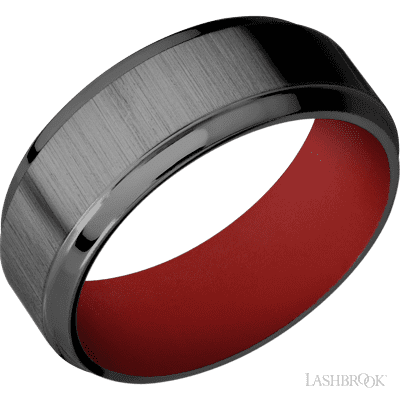 8 mm wide Stepped Bevel Zirconium band featuring a USMC Red sleeve.