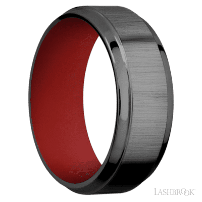 8 mm wide Stepped Bevel Zirconium band featuring a USMC Red sleeve.