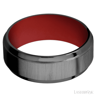 8 mm wide Stepped Bevel Zirconium band featuring a USMC Red sleeve.