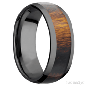8 mm wide/Domed/Zirconium band with one 5 mm Centered inlay of Desert Iron Wood.