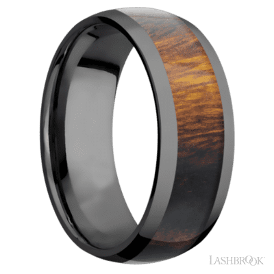 8 mm wide/Domed/Zirconium band with one 5 mm Centered inlay of Desert Iron Wood.