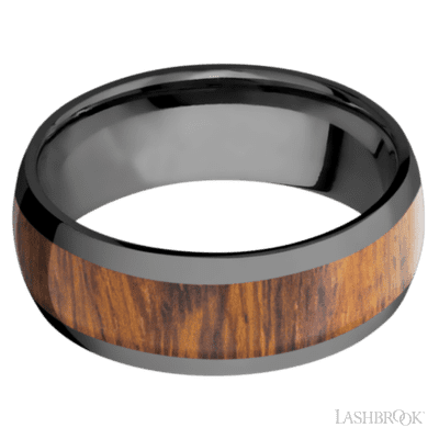 8 mm wide/Domed/Zirconium band with one 5 mm Centered inlay of Desert Iron Wood.