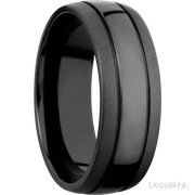 8 mm wide Domed with two accent grooves Zirconium band.
