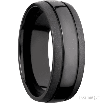 8 mm wide Domed with two accent grooves Zirconium band.