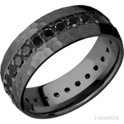 8 mm wide/Domed/Zirconium band with an Eternity arrangement of .05 carat Round Black Diamond stones in a Bead setting.