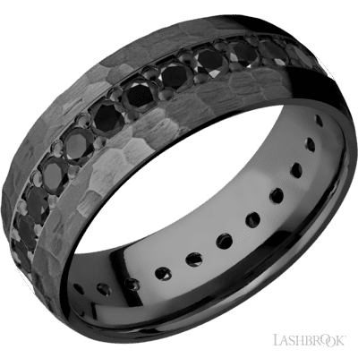 8 mm wide/Domed/Zirconium band with an Eternity arrangement of .05 carat Round Black Diamond stones in a Bead setting.