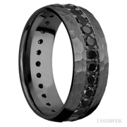 8 mm wide/Domed/Zirconium band with an Eternity arrangement of .05 carat Round Black Diamond stones in a Bead setting.
