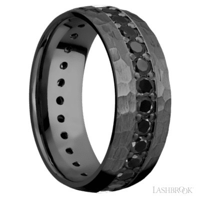 8 mm wide/Domed/Zirconium band with an Eternity arrangement of .05 carat Round Black Diamond stones in a Bead setting.