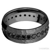 8 mm wide/Domed/Zirconium band with an Eternity arrangement of .05 carat Round Black Diamond stones in a Bead setting.