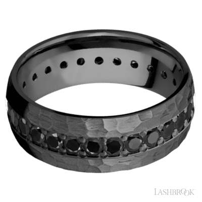 8 mm wide/Domed/Zirconium band with an Eternity arrangement of .05 carat Round Black Diamond stones in a Bead setting.