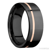 8 mm wide/Flat/Zirconium band with one 1 mm Off Center inlay of 14K Rose Gold.
