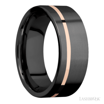 8 mm wide/Flat/Zirconium band with one 1 mm Off Center inlay of 14K Rose Gold.