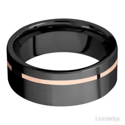 8 mm wide/Flat/Zirconium band with one 1 mm Off Center inlay of 14K Rose Gold.