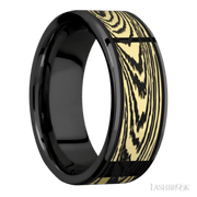 8 mm wide/Flat/Zirconium band with one 6 mm Centered inlay of 14K Yellow Gold with a laser carved Woodgrain pattern.