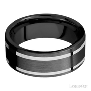 8 mm wide/Flat/Zirconium band with two 1 mm Wide inlays of 14K White Gold.