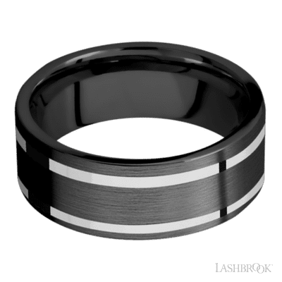 8 mm wide/Flat/Zirconium band with two 1 mm Wide inlays of 14K White Gold.