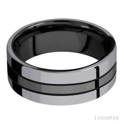 8 mm wide/Flat/Zirconium band with two 3 mm Double Off Center Edge inlays of Tantalum.