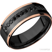 8 mm wide/Flat Grooved Edges/Zirconium band with a Half Eternity arrangement of .03 carat Round Black Diamond stones in a Bead setting and featuring two 1 mm Edge inlays of 14K Rose Gold