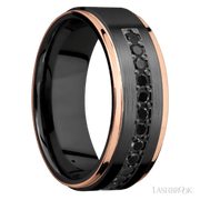 8 mm wide/Flat Grooved Edges/Zirconium band with a Half Eternity arrangement of .03 carat Round Black Diamond stones in a Bead setting and featuring two 1 mm Edge inlays of 14K Rose Gold
