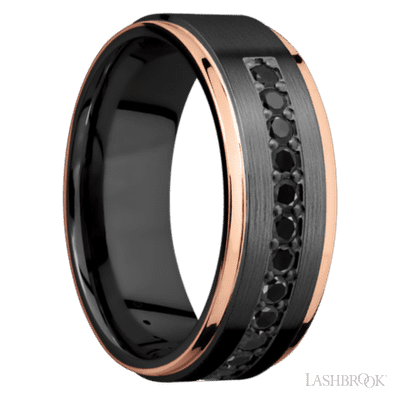 8 mm wide/Flat Grooved Edges/Zirconium band with a Half Eternity arrangement of .03 carat Round Black Diamond stones in a Bead setting and featuring two 1 mm Edge inlays of 14K Rose Gold
