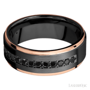8 mm wide/Flat Grooved Edges/Zirconium band with a Half Eternity arrangement of .03 carat Round Black Diamond stones in a Bead setting and featuring two 1 mm Edge inlays of 14K Rose Gold