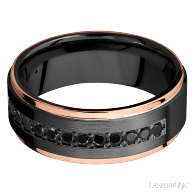 8 mm wide/Flat Grooved Edges/Zirconium band with a Half Eternity arrangement of .03 carat Round Black Diamond stones in a Bead setting and featuring two 1 mm Edge inlays of 14K Rose Gold
